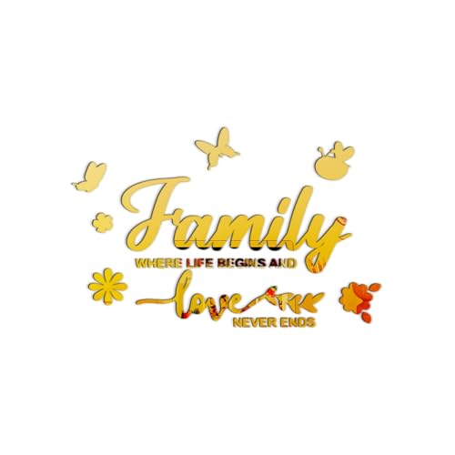 Family Where Life Begins and Love Never Ends Mirror Wall Decal, Spiritual Wall Stickers Peel and Stick Quote Sayings, Acrylic Inspirational Lettering Art Decor for Home Decoration, Gold