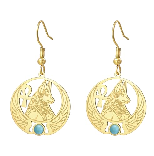 Egyptian Anubis Earrings Ankh Cross Goddess Isis Wing Scarab Wicca Pagan Gemstone Magic Power Amulet Ancient Egypt God Mythology Jewelry Gift Women Men gold