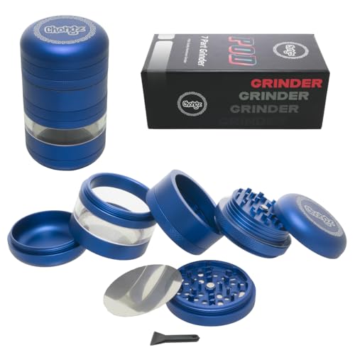 Chongz 55mm 7 Part POD Manual Spice Grinder Mill Premium Aluminum Crusher with Curved Design, See-Through Window, 2 Easy Change Grinding Screens, Choice of Two Grades of Grinding Surface (Blue) Blue