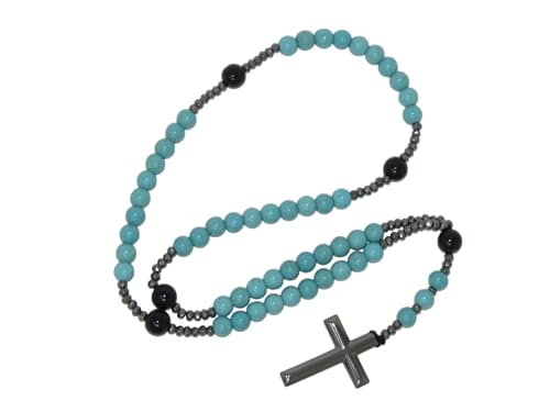 N379 5-Decade Rosary – Turquoise Howlite, Hematite & Black Agate Beads – Handmade Catholic Prayer Rosary with Cross – Spiritual Gift for Men & Women