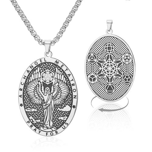 VASSAGO Metatron Cube Necklace Stainless Steel Archangel Metatron Pendant Necklace Geometric Saint Amulet Medal Religion Jewelry silver