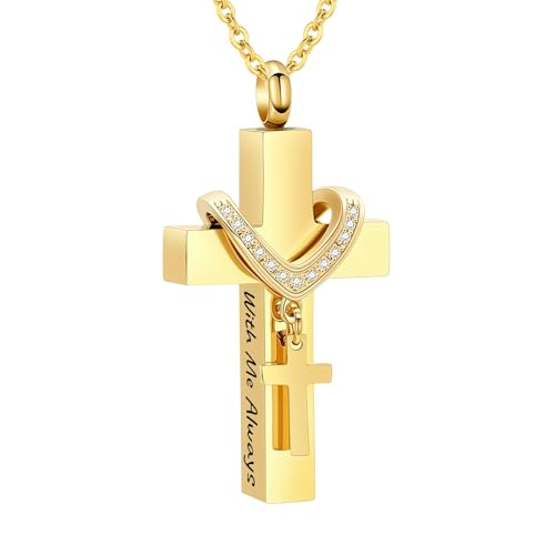 Cremation Jewelry for Ashes Pendant - Cross Urn Necklace with Mini Keepsake Urn Memorial Ashes Jewelry - With Me Always Gold-With Me Always