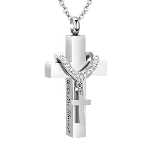 Cremation Jewelry for Ashes Pendant - Cross Urn Necklace with Mini Keepsake Urn Memorial Ashes Jewelry - With Me Always Silver-With Me Always