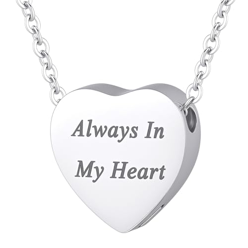 Heart Cremation Urn Necklace for Ashes for Women Men Cremation Locket Jewelry with Keepsake Urn Memorial Ash Jewelry Silver-Always In My Heart