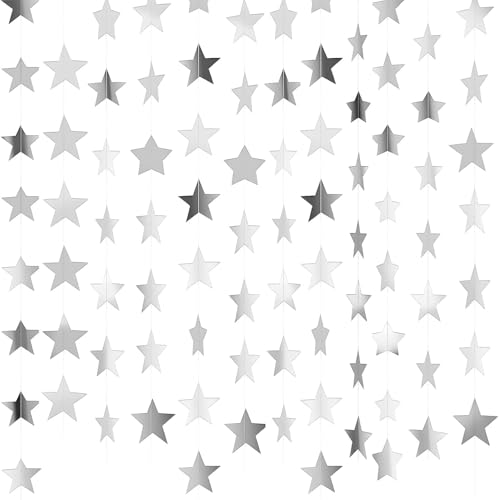 26 Feet Reflective Star Paper Garland - Sparkling Star Bunting Banner Hanging Decoration,Sparkling Bunting Banner - for Birthday Holiday Wedding Anniversary Theme Party Supplies (silver) Silver