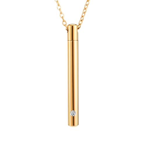 Quiges Gold Stainless Steel Capsule Memorial Cremation Urn Pendant Ash Zirconia - Bar for Cremation with Adjustable Necklace 45-50 cm