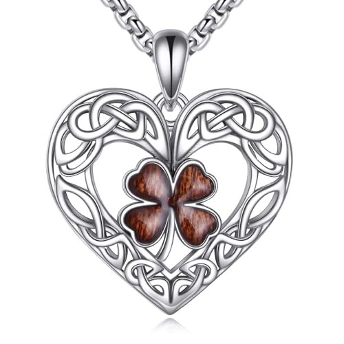ONEFINITY Wooden Clover Necklace Sterling Silver Wood Four Leaf Clover Shamrock Pendant Necklaces Celtic Knot Irish Jewelry Saint Patricks Gifts for Women