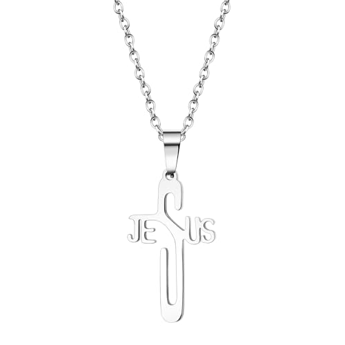 JewelryWe Jesus Silver Cross Necklace: Unisex Stainless Steel Christian Faith Men Women Unique Religious Gift Silver Polished Chain Pendant