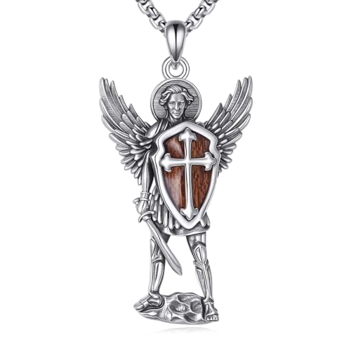YAFEINI ST Michael Necklace 925 Sterling Silver Wood Saint Michael Pendant Patron Saint Amulet Protection Pendant Necklace Christian Jewellery Gifts for Women Men