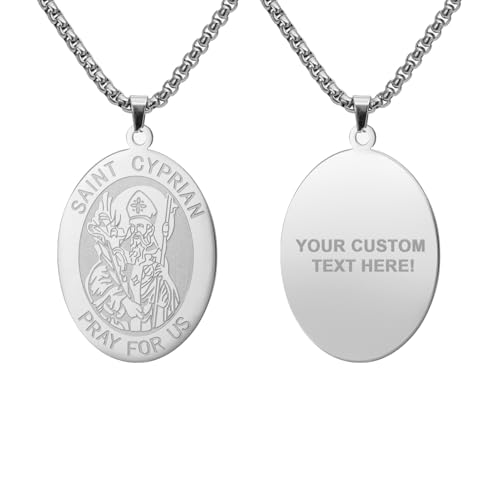 kkjoy Personalized Saint Cyprian PRAY FOR US Necklace Stainless Steel Oval Medal Pendant Protection Amulet Jewelry for Women Men Friends Couple Family Member Silver