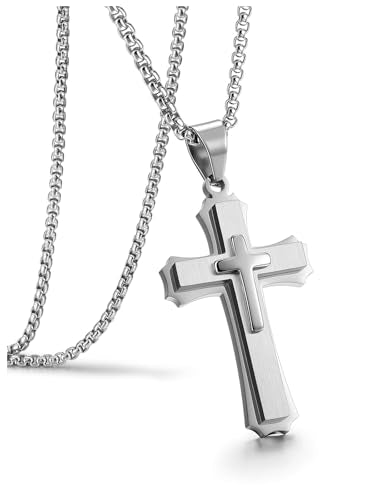 Jovivi Mens Cross Necklace for Men,Stainless Steel Silver Cross Crucifix Pendant Chain Necklace for Boys Men's Christian Confirmation Baptism Cross Chain Jewellery Easter Gifts Silver Cross Necklace