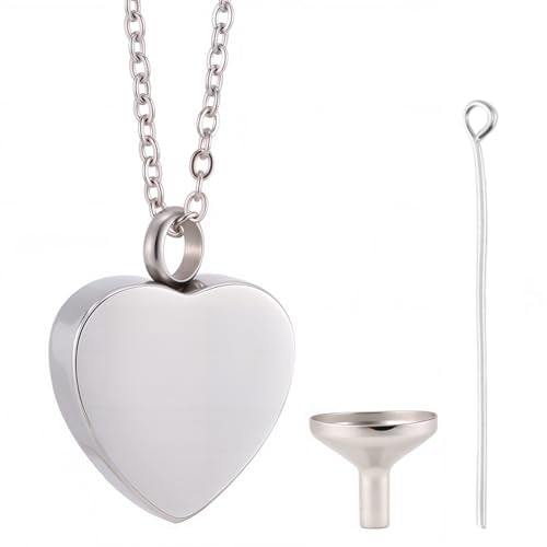 CREATCABIN Heart Cremation Jewelry for Ashes Urn Necklace Keepsake Cremation Jewelry Mini Stainless Steel Silver Memorial Urns Pendant with Funnel Pin for Bereavement Family Friends 2x2.6cm Silvery