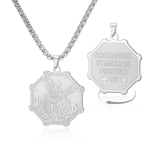 VASSAGO Saint Michael Necklace Stainless Steel Archangel St Michael Pendant Necklace Amulet Medal Jewelry for Protection and Prayer silver-box chain