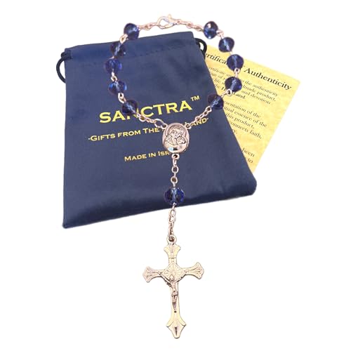 Door Knob Rosary Handmade Blessed in the Holy Land Prayer Beads with Medal and Crucifix, Gift Bag and Certificate of Authenticity Virgin Mary, 11 Beads, Blue Polymeric Crystal, One Decade