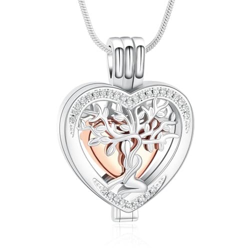 Minicremation Tree of Life Cremation Jewelry Crystal Heart Urn Ashes of Loved One Necklace for Women Funeral Memorial Keepsake Necklace Ashes Holder Silver&Rose Gold