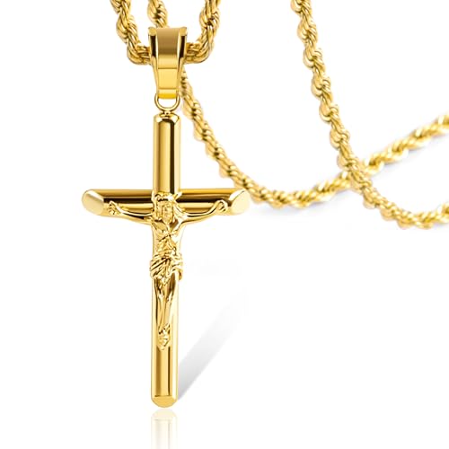 Cross Necklace Stainless Steel Gold/Silver Crucifix Necklace for Men Women A Plated 14k Gold 55+5cm