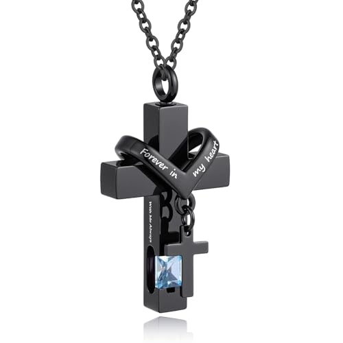 Cross Urn Necklace For Ashes Of Loved Ones With Birthstone - Forever in my heart - With Me Always Cremation Jewelry Keepsake Pendant Women Men Light Blue Stone
