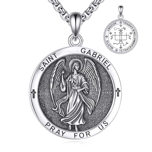 VONALA Saint Necklace 925 Sterling Silver Patron Saint Medal Pendant Amulet Protection Religious Jewellery for Men Women with 2.5mm 22"+2" Steel Chain (with Gift Box) Saint Gabriel（Round）