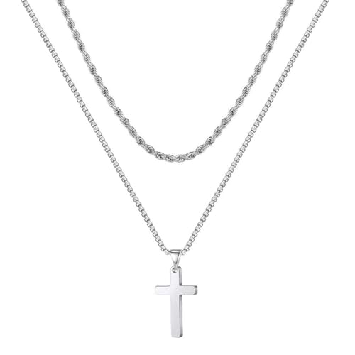 Silver Cross Necklace Men Jewelry with Sleek Pendant,Crucifix Necklace for Men in Elegant Style,Mens Cross Silver Chain Necklaces for Daily Wear,Religious Gift or Fashion Accessory