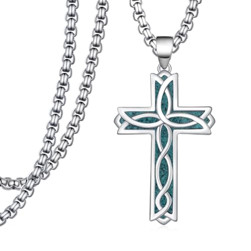 Cross Necklace for Men S925 Sterling Silver Turquoise Cross Pendant Necklace Religious Jewelry Gifts for Men Women