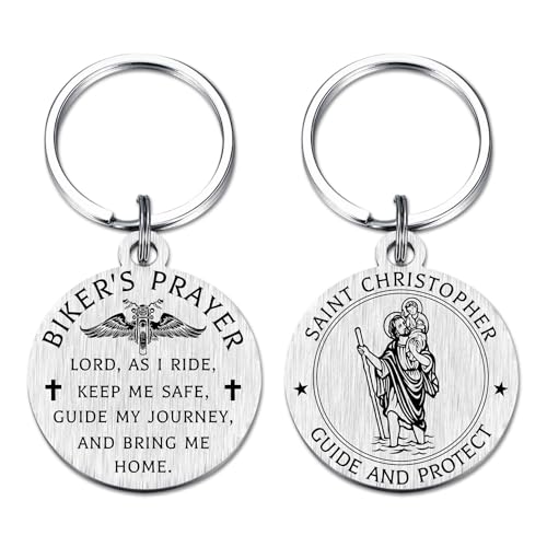 St Christopher Keyring - Biker Prayer Gifts for Men - Ride Safe Keyrings Motorbike, Bikers Motorcyle Key Ring- Patron Saint of Travellers Protection Gift