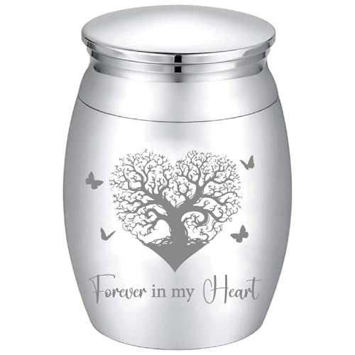 CREATCABIN Small Tree of Life Urn Forever in My Heart Urn Silver Metal Alloy Human Pet Memorial Butterfly Cremation Ashes Keepsake Holder Container with Bag Spoon Cloth for Funeral Burial 1.6" x 1.2"