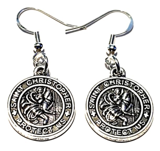 Royal Swan Antique Silver SAINT CHRISTOPHER PROTECT US Medal Earrings on Sterling Silver Hooks in a Velvet Gift Bag. Traveller Travel Protection Jewelry