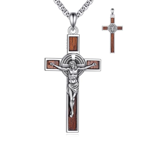 St Benedict Wood Cross Necklace 925 Sterling Silver Crucifix Saint Benedict Pendant Wooden Cross Religious Jewellery for Women Men with 24" Round Box Chain