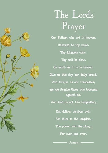 The Lord's Prayer Wall Art Print, Religious Christian Home Decor, Floral Design Sage Green. Size A4