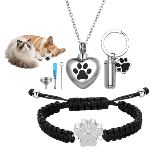 Cupimatch Pet Cremation Jewelry Set: 3 Pcs Stainless Steel Heart Pet Cats Dogs Urn Necklace Adjustable Paw Bracelet Memorial Ashes Keychain with Filling Kit