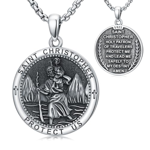 Seiyang 925 Sterling Silver St Michael/St Christopher/St Raphael/St Jude/St Benedict Crucifix Pendant/Nail Cross Necklace Religious Amulet Jewelry Gift for Men Women (with Gift Box) A04-Christopher(Round)