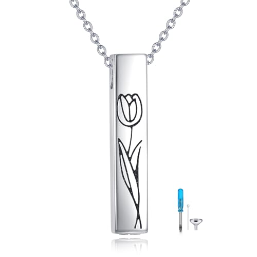 URONE Urn Necklaces For Ashes Sterling Silver Tulip 3D Vertical Bar Memorial Pendant For Loved Ones Keepsake Cremation Jewellery Gifts For Women Men