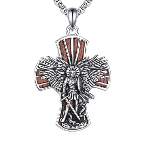 DAYLINLOVE Wooden Cross Necklace 925 Sterling Silver Real Ebony Saint Michael/Virgin Mary/Nail/Jesus/Crucifix/Crown of Thorns/Fish Hook/Gym Pendant Christian Catholic Jewellery Gifts for Women Men