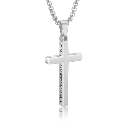 Cross Necklace for Men Boys Bible Verse Stainless Steel Silver/Gold/Black Mens Cross Pendant Chain with 20+2 Inches Men's Jewelry Gifts Silver-28:20
