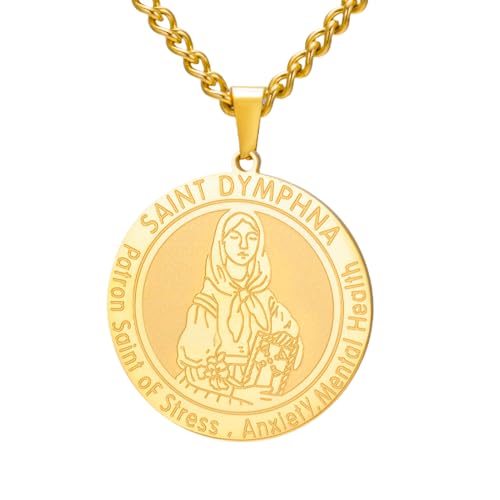 TEAMER Dainty Saint Dymphna Medal Necklace Patron Saint Pendant Stress Anxiety Mental Health Religious Jewelry with Protective Amulet Gold