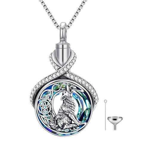 TOUPOP Wolf Urn Necklace Sterling Silver Crystal Urn Necklace for Ashes Cremation Jewelry for Ashes Memory Jewelry for Women Blue Crystal