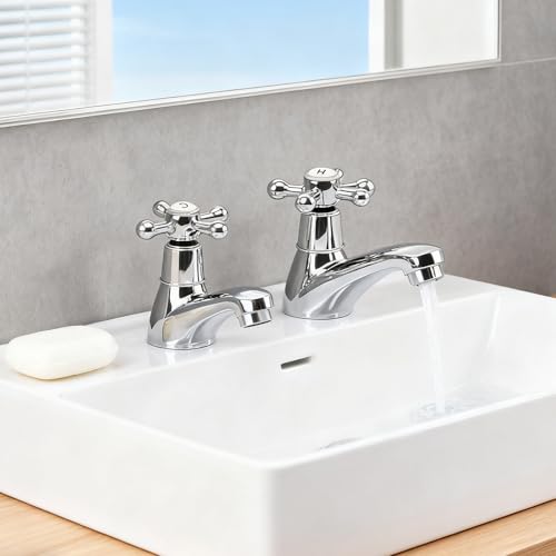Basin Taps Pair, Traditional Bathroom Faucet 2-Hole Dual Lever Basin Taps