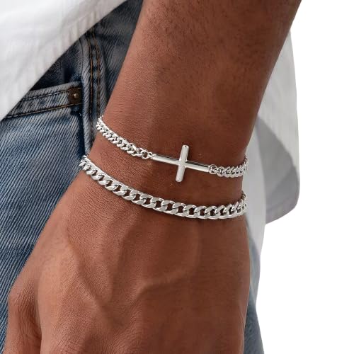 DAYANEY Silver and Gold Bracelet for Men, Rakhi for Brother Water Proof Stainless Steel Cuban Chain Bracelet Set, Adjustable Gold Link Men Braclet Jewelry Gifts for Boyfriend, Dad and Son 9"