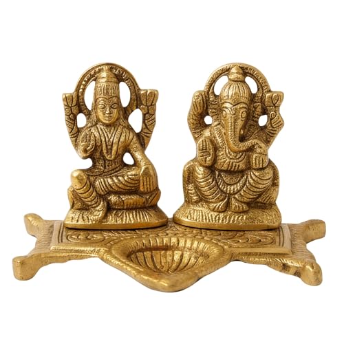 HOME GENIE Lakshmi Ganesh Diya for Pooja Room, Home Temple, Festive Decoration & Spiritual Gifting | Metal Oil Lamp with Deity Figures | Intricately Carved | Golden Finish
