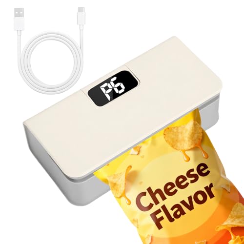 Mini Bag Sealer,Rechargeable Sealer Machine with LED Power Display,Heat Sealer and Cutter with 6 Adjustable Gears,Portable Bag Resealer for Chips Snacks Mylar Bags White
