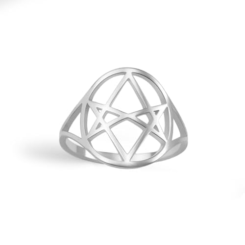 Unicursal Hexagram Symbol Ring 6 Pointed Star Ring Occult Satanic Star of David Talisman Religious Jewellery Gift for Women Men (silver, 8(0.71in))