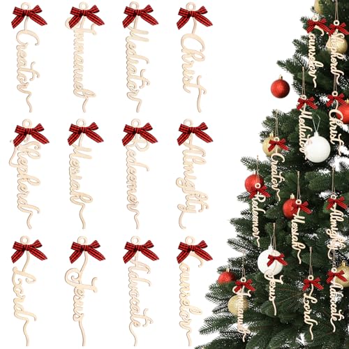 24 Pcs Names of Jesus Christ Ornament Wood Religious Decorations Farmhouse Christ Hanging Decoration with Savior Names Red Plaid Bow Rope for Church Decor