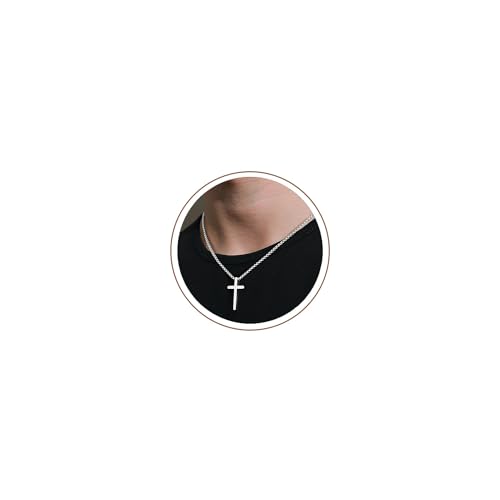 TINGN Stainless Steel Cross Pendant Necklace for Men Boys, Silver Tone Chain Cross Necklace Christian Confirmation Baptism Cross Chain with 16-24 Inches Jewelry 18 inch
