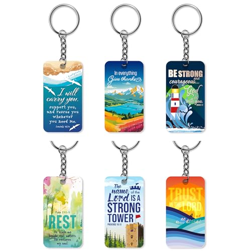 Christian Keyrings, Pack of 6 Bible Verse Keyrings, Wood and Metal, 6.3cm