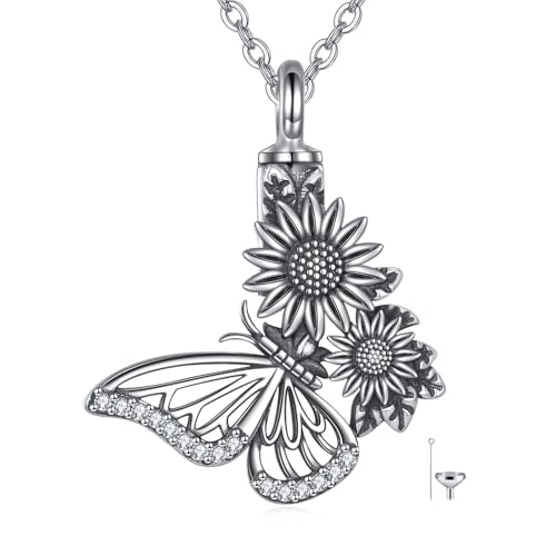 Butterfly Urn Necklace for Ashes Sterling Silver Butterfly Flower Pendant Necklace Memorial Gifts Keepsake Memory Cremation Jewellery for Women