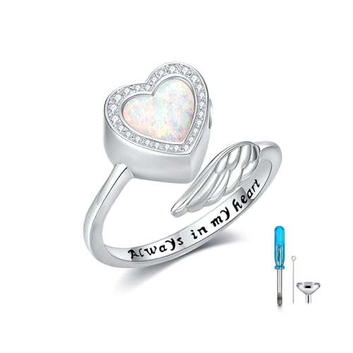YAFEINI Urn Rings for Ashes 925 Sterling Silver Opal Urn Ring Adjustable Band Always in My Heart Opal Memorial Jewelry for Women