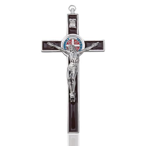 DICOSMETIC 1Pc 19.2x9.8cm Small Alloy Wall Cross Saint Benedict Wall Crosses Jesus Christ Crucifix Brown Enamel Crucifix Catholic Christian Cross Decor Easter Gifts for Women Men Coconut Brown