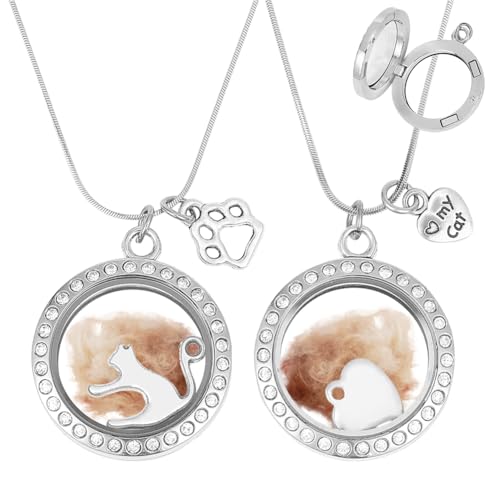 2PCS Pet Ashes Necklace Cats Hair Keepsake Fur Locket Necklaces Cat Dog Remembrance Jewelry with Paw Heart Rhinestone Pet Memorial Urn Necklace for Cats Women Men Loss Pet Sympathy Gift 2 Necklace