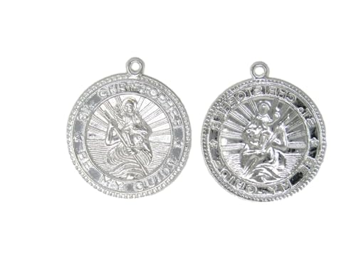 N623 50pcs Saint Christopher Pendants – Lightweight Pressed Alloy Medals, Bright Silver Tone – Religious Charms for Jewellery Making, Protection Gifts, Travel Accessories