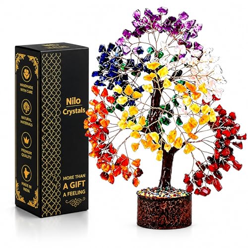 7 Chakra Crystal Tree of Life | Gemstone Bonsai Tree Gift for Women & Men | Feng Shui Home Decor for Office Desk & Living Room | Housewarming & Birthday Gift | 10–12 Inch Crystal Tree 7 Chakra – Golden Wire